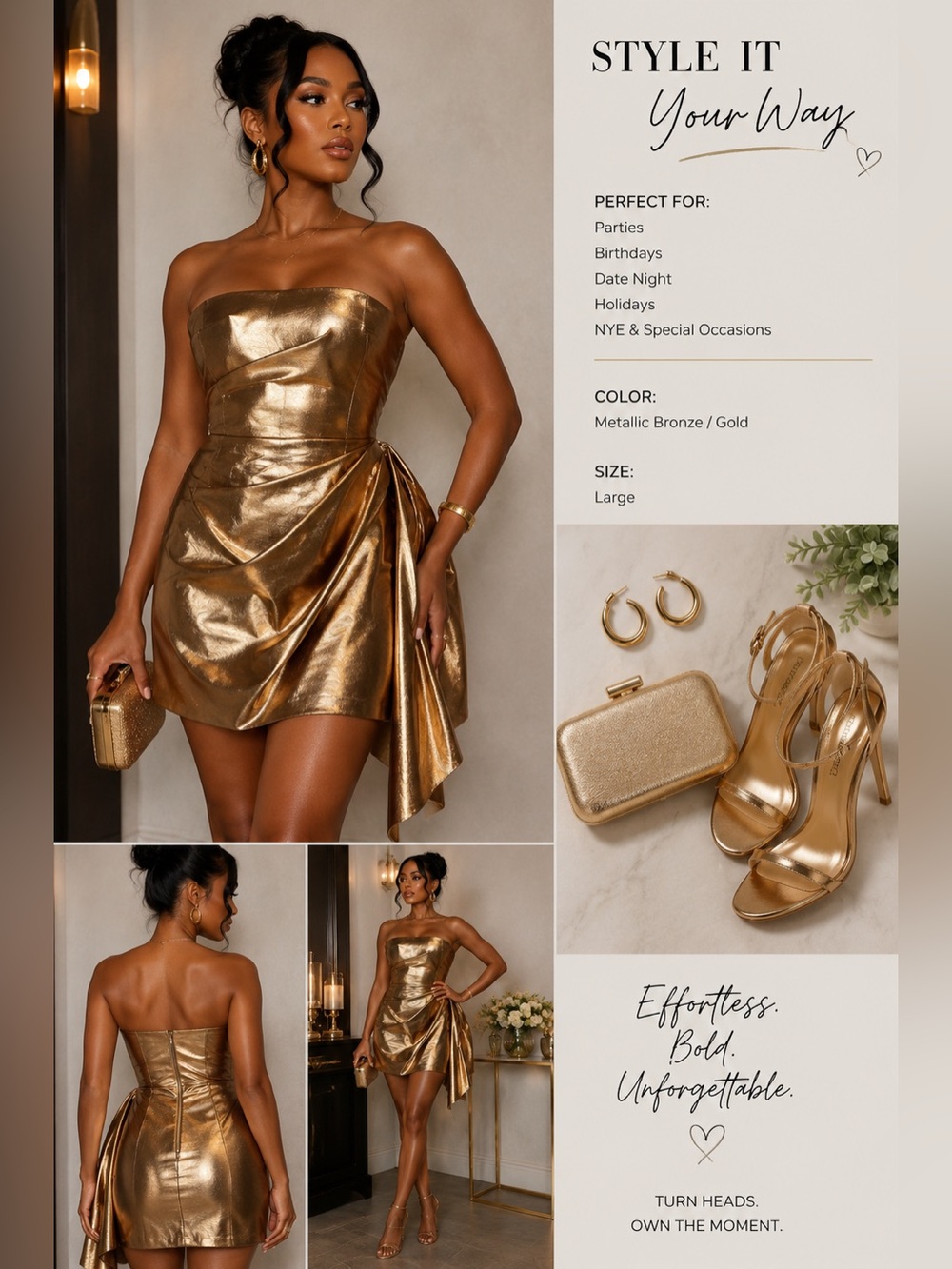Fashion Nova Metallic Bronze Gold Strapless Draped Mini Dress Size L